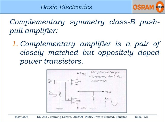 Basic Electronics
May 2006 SG Jha , Training Centre, OSRAM INDIA Private Limited, Sonepat Slide: 131
Basic Electronics
Complementary symmetry class-B push-
pull amplifier:
1. Complementary amplifier is a pair of
closely matched but oppositely doped
power transistors.
