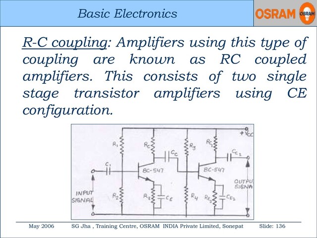 Basic Electronics
May 2006 SG Jha , Training Centre, OSRAM INDIA Private Limited, Sonepat Slide: 136
Basic Electronics
R-C coupling: Amplifiers using this type of
coupling are known as RC coupled
amplifiers. This consists of two single
stage transistor amplifiers using CE
configuration.
