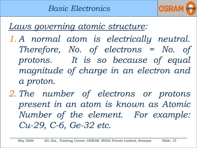 Basic Electronics
May 2006 SG Jha , Training Centre, OSRAM INDIA Private Limited, Sonepat Slide: 15
Basic Electronics
Laws governing atomic structure:
1. A normal atom is electrically neutral.
Therefore, No. of electrons = No. of
protons. It is so because of equal
magnitude of charge in an electron and
a proton.
2. The number of electrons or protons
present in an atom is known as Atomic
Number of the element. For example:
Cu-29, C-6, Ge-32 etc.
