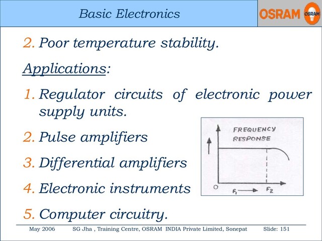 Basic Electronics
May 2006 SG Jha , Training Centre, OSRAM INDIA Private Limited, Sonepat Slide: 151
Basic Electronics
2. Poor temperature stability.
Applications:
1. Regulator circuits of electronic power
supply units.
2. Pulse amplifiers
3. Differential amplifiers
4. Electronic instruments
5. Computer circuitry.

