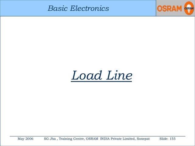 Basic Electronics
May 2006 SG Jha , Training Centre, OSRAM INDIA Private Limited, Sonepat Slide: 155
Basic Electronics
Load Line
