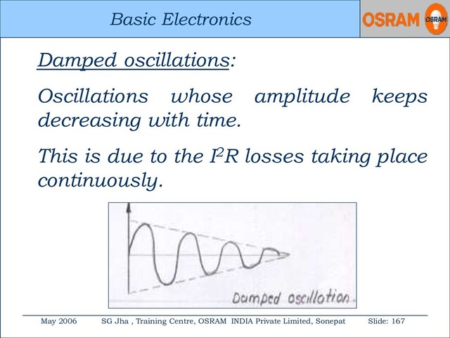 Basic Electronics
May 2006 SG Jha , Training Centre, OSRAM INDIA Private Limited, Sonepat Slide: 167
Basic Electronics
Damped oscillations:
Oscillations whose amplitude keeps
decreasing with time.
This is due to the I2R losses taking place
continuously.

