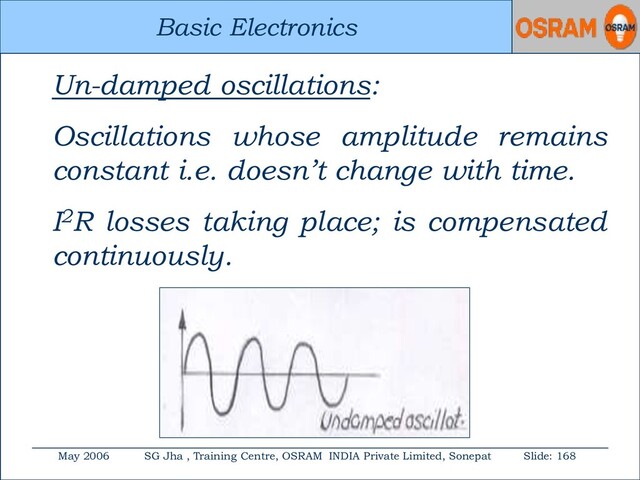 Basic Electronics
May 2006 SG Jha , Training Centre, OSRAM INDIA Private Limited, Sonepat Slide: 168
Basic Electronics
Un-damped oscillations:
Oscillations whose amplitude remains
constant i.e. doesn’t change with time.
I2R losses taking place; is compensated
continuously.
