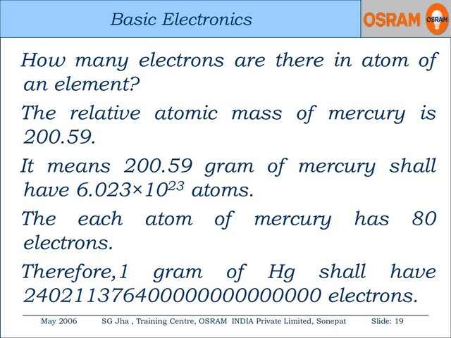 Basic Electronics
May 2006 SG Jha , Training Centre, OSRAM INDIA Private Limited, Sonepat Slide: 19
Basic Electronics
How many electrons are there in atom of
an element?
The relative atomic mass of mercury is
200.59.
It means 200.59 gram of mercury shall
have 6.023×1023 atoms.
The each atom of mercury has 80
electrons.
Therefore,1 gram of Hg shall have
240211376400000000000000 electrons.
