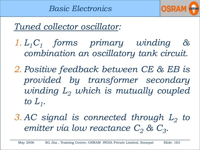 Basic Electronics
May 2006 SG Jha , Training Centre, OSRAM INDIA Private Limited, Sonepat Slide: 183
Basic Electronics
Tuned collector oscillator:
1. L1
C1
forms primary winding &
combination an oscillatory tank circuit.
2. Positive feedback between CE & EB is
provided by transformer secondary
winding L2
which is mutually coupled
to L1
.
3. AC signal is connected through L2
to
emitter via low reactance C2
& C3
.
