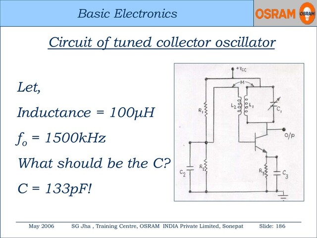 Basic Electronics
May 2006 SG Jha , Training Centre, OSRAM INDIA Private Limited, Sonepat Slide: 186
Basic Electronics
Circuit of tuned collector oscillator
Let,
Inductance = 100μH
fo
= 1500kHz
What should be the C?
C = 133pF!
