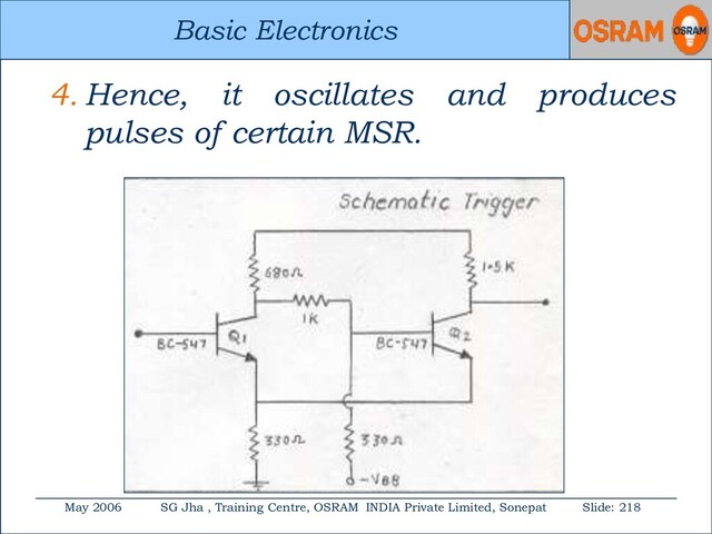 Basic Electronics
May 2006 SG Jha , Training Centre, OSRAM INDIA Private Limited, Sonepat Slide: 218
Basic Electronics
4. Hence, it oscillates and produces
pulses of certain MSR.
