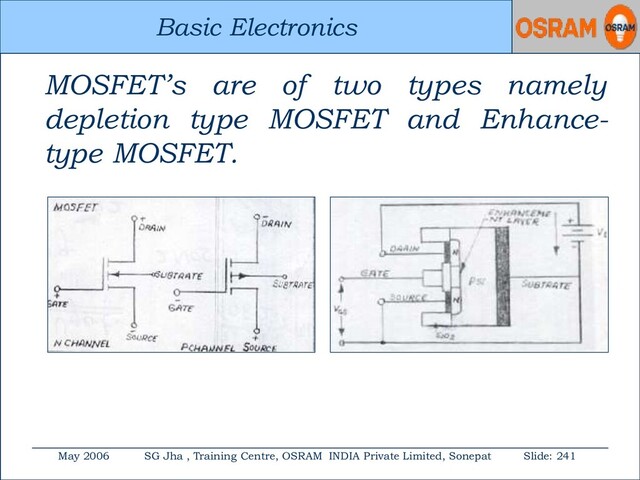 Basic Electronics
May 2006 SG Jha , Training Centre, OSRAM INDIA Private Limited, Sonepat Slide: 241
Basic Electronics
MOSFET’s are of two types namely
depletion type MOSFET and Enhance-
type MOSFET.
