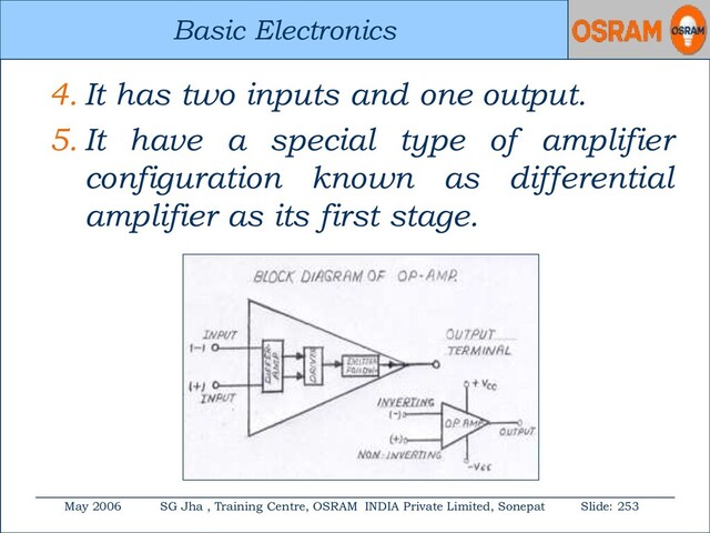 Basic Electronics
May 2006 SG Jha , Training Centre, OSRAM INDIA Private Limited, Sonepat Slide: 253
Basic Electronics
4. It has two inputs and one output.
5. It have a special type of amplifier
configuration known as differential
amplifier as its first stage.
