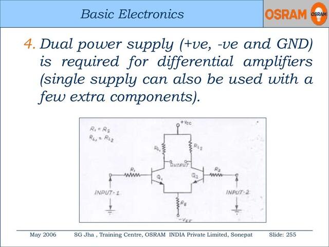Basic Electronics
May 2006 SG Jha , Training Centre, OSRAM INDIA Private Limited, Sonepat Slide: 255
Basic Electronics
4. Dual power supply (+ve, -ve and GND)
is required for differential amplifiers
(single supply can also be used with a
few extra components).
