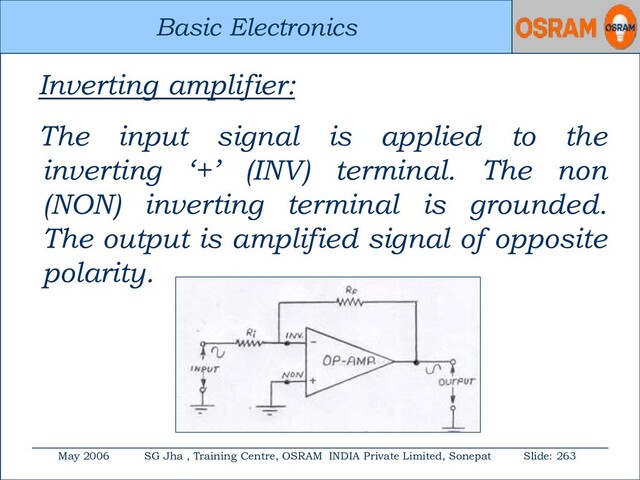 Basic Electronics
May 2006 SG Jha , Training Centre, OSRAM INDIA Private Limited, Sonepat Slide: 263
Basic Electronics
Inverting amplifier:
The input signal is applied to the
inverting ‘+’ (INV) terminal. The non
(NON) inverting terminal is grounded.
The output is amplified signal of opposite
polarity.
