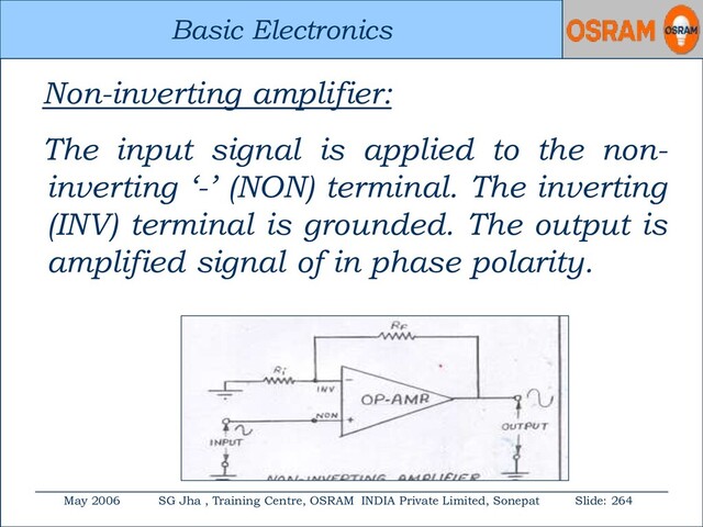Basic Electronics
May 2006 SG Jha , Training Centre, OSRAM INDIA Private Limited, Sonepat Slide: 264
Basic Electronics
Non-inverting amplifier:
The input signal is applied to the non-
inverting ‘-’ (NON) terminal. The inverting
(INV) terminal is grounded. The output is
amplified signal of in phase polarity.
