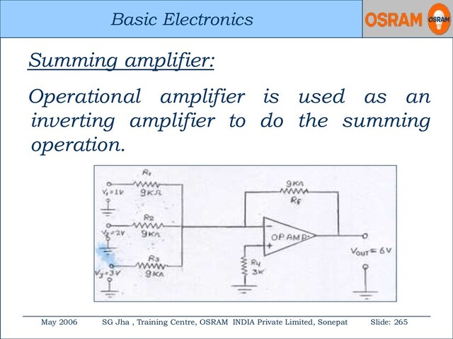 Basic Electronics
May 2006 SG Jha , Training Centre, OSRAM INDIA Private Limited, Sonepat Slide: 265
Basic Electronics
Summing amplifier:
Operational amplifier is used as an
inverting amplifier to do the summing
operation.
