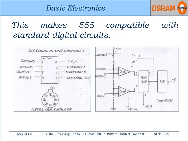 Basic Electronics
May 2006 SG Jha , Training Centre, OSRAM INDIA Private Limited, Sonepat Slide: 272
Basic Electronics
This makes 555 compatible with
standard digital circuits.
