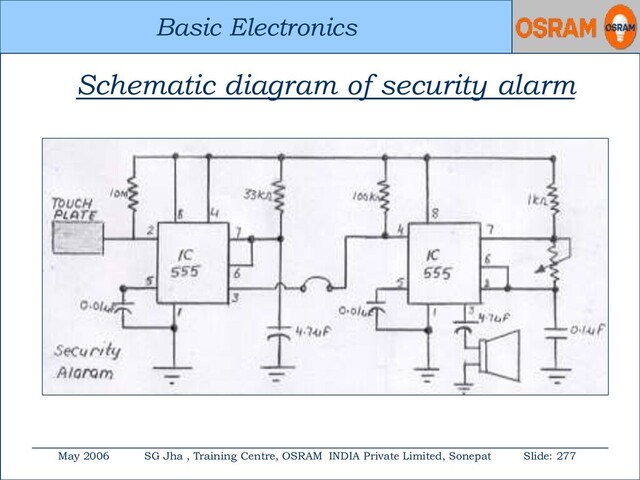 Basic Electronics
May 2006 SG Jha , Training Centre, OSRAM INDIA Private Limited, Sonepat Slide: 277
Basic Electronics
Schematic diagram of security alarm
