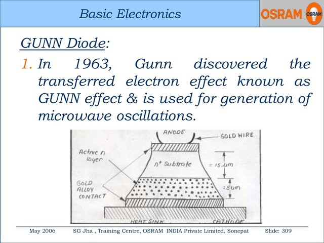Basic Electronics
May 2006 SG Jha , Training Centre, OSRAM INDIA Private Limited, Sonepat Slide: 309
Basic Electronics
GUNN Diode:
1. In 1963, Gunn discovered the
transferred electron effect known as
GUNN effect & is used for generation of
microwave oscillations.
