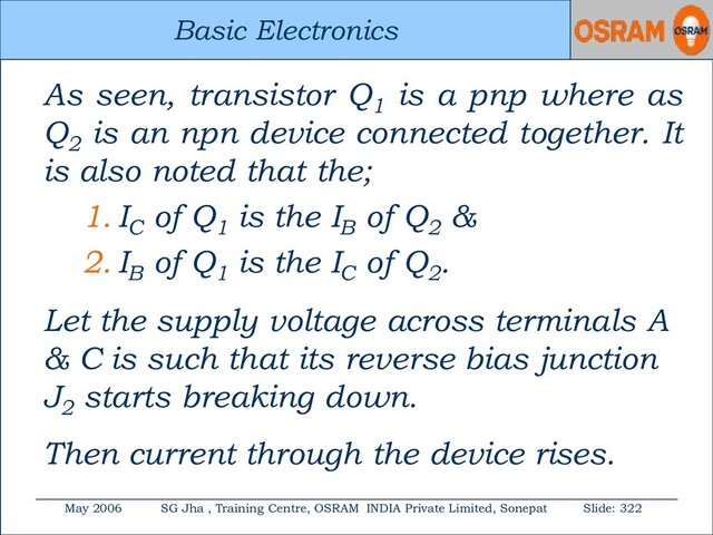 Basic Electronics
May 2006 SG Jha , Training Centre, OSRAM INDIA Private Limited, Sonepat Slide: 322
Basic Electronics
As seen, transistor Q1
is a pnp where as
Q2
is an npn device connected together. It
is also noted that the;
1. IC
of Q1
is the IB
of Q2
&
2. IB
of Q1
is the IC
of Q2
.
Let the supply voltage across terminals A
& C is such that its reverse bias junction
J2
starts breaking down.
Then current through the device rises.
