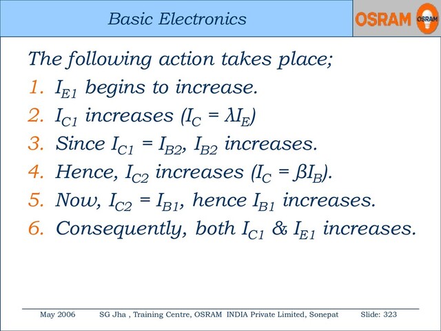 Basic Electronics
May 2006 SG Jha , Training Centre, OSRAM INDIA Private Limited, Sonepat Slide: 323
Basic Electronics
The following action takes place;
1. IE1
begins to increase.
2. IC1
increases (IC
= λIE
)
3. Since IC1
= IB2
, IB2
increases.
4. Hence, IC2
increases (IC
= βIB
).
5. Now, IC2
= IB1
, hence IB1
increases.
6. Consequently, both IC1
& IE1
increases.
