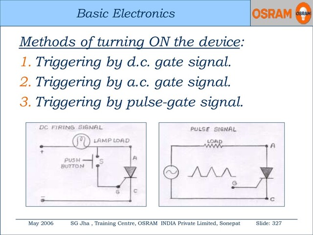 Basic Electronics
May 2006 SG Jha , Training Centre, OSRAM INDIA Private Limited, Sonepat Slide: 327
Basic Electronics
Methods of turning ON the device:
1. Triggering by d.c. gate signal.
2. Triggering by a.c. gate signal.
3. Triggering by pulse-gate signal.
