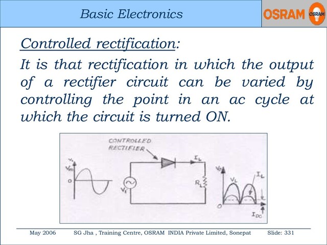 Basic Electronics
May 2006 SG Jha , Training Centre, OSRAM INDIA Private Limited, Sonepat Slide: 331
Basic Electronics
Controlled rectification:
It is that rectification in which the output
of a rectifier circuit can be varied by
controlling the point in an ac cycle at
which the circuit is turned ON.

