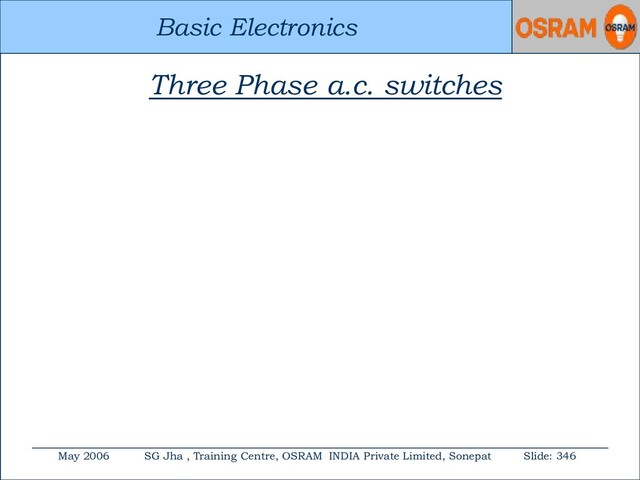Basic Electronics
May 2006 SG Jha , Training Centre, OSRAM INDIA Private Limited, Sonepat Slide: 346
Basic Electronics
Three Phase a.c. switches
