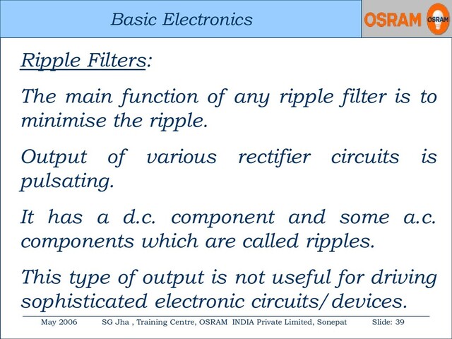 Basic Electronics
May 2006 SG Jha , Training Centre, OSRAM INDIA Private Limited, Sonepat Slide: 39
Basic Electronics
Ripple Filters:
The main function of any ripple filter is to
minimise the ripple.
Output of various rectifier circuits is
pulsating.
It has a d.c. component and some a.c.
components which are called ripples.
This type of output is not useful for driving
sophisticated electronic circuits/devices.
