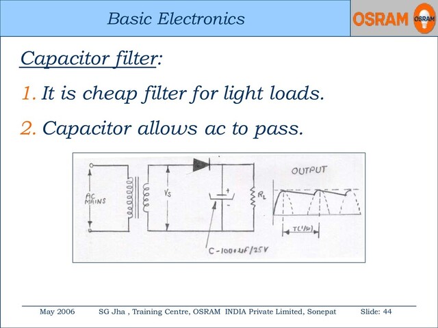 Basic Electronics
May 2006 SG Jha , Training Centre, OSRAM INDIA Private Limited, Sonepat Slide: 44
Basic Electronics
Capacitor filter:
1. It is cheap filter for light loads.
2. Capacitor allows ac to pass.
