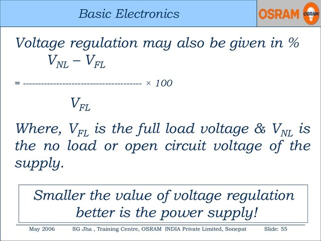 Basic Electronics
May 2006 SG Jha , Training Centre, OSRAM INDIA Private Limited, Sonepat Slide: 55
Basic Electronics
Voltage regulation may also be given in %
VNL
– VFL
= --------------------------------------- × 100
VFL
Where, VFL
is the full load voltage & VNL
is
the no load or open circuit voltage of the
supply.
Smaller the value of voltage regulation
better is the power supply!
