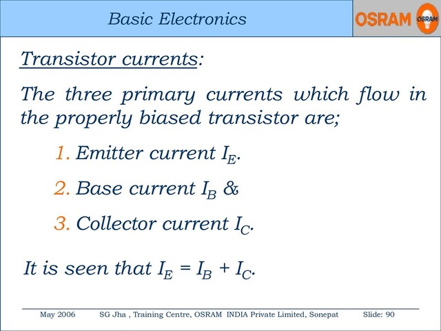 Basic Electronics
May 2006 SG Jha , Training Centre, OSRAM INDIA Private Limited, Sonepat Slide: 90
Basic Electronics
Transistor currents:
The three primary currents which flow in
the properly biased transistor are;
1. Emitter current IE
.
2. Base current IB
&
3. Collector current IC
.
It is seen that IE
= IB
+ IC
.

