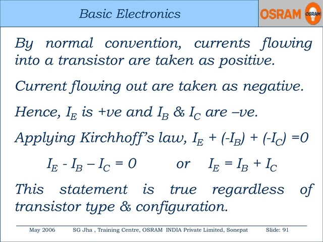 Basic Electronics
May 2006 SG Jha , Training Centre, OSRAM INDIA Private Limited, Sonepat Slide: 91
Basic Electronics
By normal convention, currents flowing
into a transistor are taken as positive.
Current flowing out are taken as negative.
Hence, IE
is +ve and IB
& IC
are –ve.
Applying Kirchhoff’s law, IE
+ (-IB
) + (-IC
) =0
IE
- IB
– IC
= 0 or IE
= IB
+ IC
This statement is true regardless of
transistor type & configuration.
