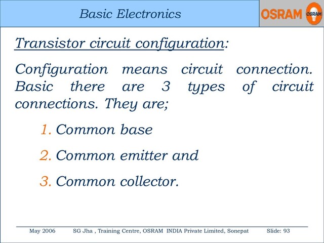 Basic Electronics
May 2006 SG Jha , Training Centre, OSRAM INDIA Private Limited, Sonepat Slide: 93
Basic Electronics
Transistor circuit configuration:
Configuration means circuit connection.
Basic there are 3 types of circuit
connections. They are;
1. Common base
2. Common emitter and
3. Common collector.
