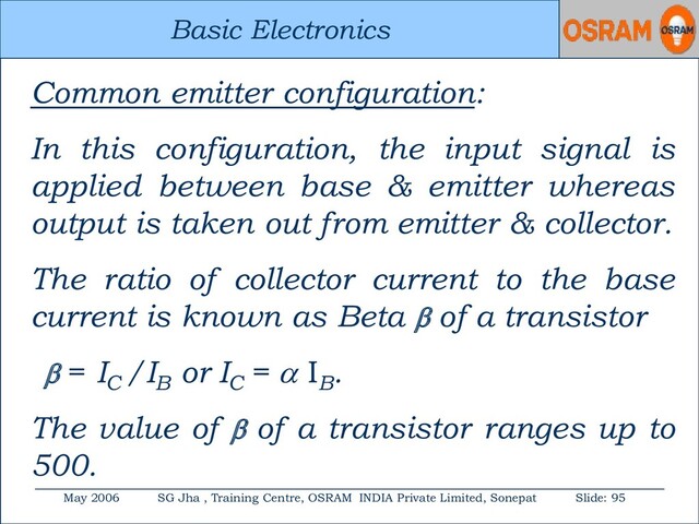 Basic Electronics
May 2006 SG Jha , Training Centre, OSRAM INDIA Private Limited, Sonepat Slide: 95
Basic Electronics
Common emitter configuration:
In this configuration, the input signal is
applied between base & emitter whereas
output is taken out from emitter & collector.
The ratio of collector current to the base
current is known as Beta  of a transistor
 = IC
/IB
or IC
=  IB
.
The value of  of a transistor ranges up to
500.
