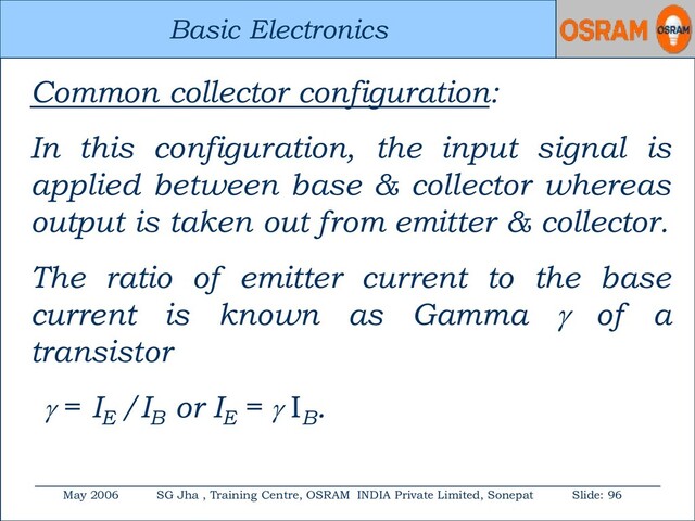 Basic Electronics
May 2006 SG Jha , Training Centre, OSRAM INDIA Private Limited, Sonepat Slide: 96
Basic Electronics
Common collector configuration:
In this configuration, the input signal is
applied between base & collector whereas
output is taken out from emitter & collector.
The ratio of emitter current to the base
current is known as Gamma  of a
transistor
 = IE
/IB
or IE
=  IB
.

