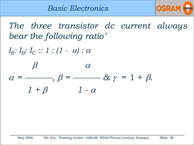 Basic Electronics
May 2006 SG Jha , Training Centre, OSRAM INDIA Private Limited, Sonepat Slide: 98
Basic Electronics
The three transistor dc current always
bear the following ratio’
IE
: IB
: IC
:: 1 : (1 - ) : 
 
 = ----------,  = ---------- &  = 1 + .
1 +  1 - 
