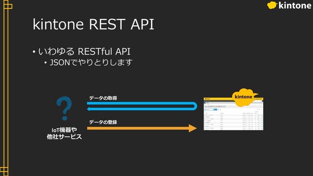 kintone REST API
• いわゆる RESTful API
• JSONでやりとりします
データの登録
IoT機器や
他社サービス
データの取得
