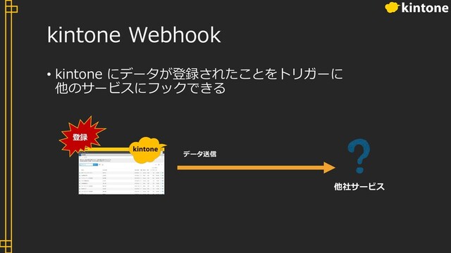 kintone Webhook
• kintone にデータが登録されたことをトリガーに
他のサービスにフックできる
データ送信
他社サービス
登録
