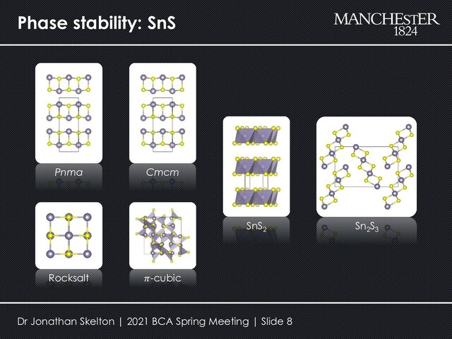 Phase stability: SnS
Pnma
Rocksalt 𝜋-cubic
SnS2
Sn2
S3
Cmcm
Dr Jonathan Skelton | 2021 BCA Spring Meeting | Slide 8
