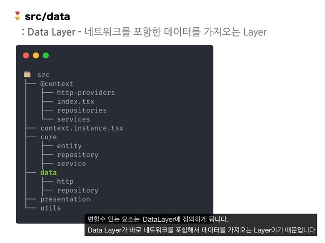 TSDEBUB
: Data Layer - 네트워크를 포함한 데이터를 가져오는 Layer
߸ೡࣻ ੓ח ਃࣗח DataLayerী ੿੄ೞѱ ؾפ׮.

Data Layerо ߄۽ ֎౟ਕ௼ܳ ನೣ೧ࢲ ؘ੉ఠܳ оઉয়ח Layer੉ӝ ٸޙੑפ׮

