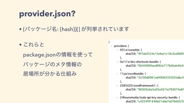 provider.json?
• {ύοέʔδ໊: {hash}}[] ͕ྻڍ͞Ε͍ͯ·͢
• ͜ΕΒͱ
package.jsonͷ৘ใΛ࢖ͬͯ
ύοέʔδͷϝλ৘ใͷ
ډ৔ॴ͕෼͔Δ࢓૊Έ
