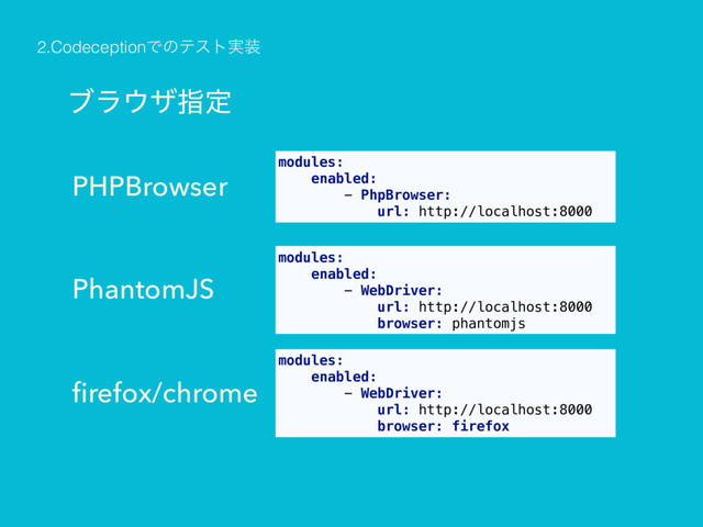 ϒϥ΢βࢦఆ
PHPBrowser
PhantomJS
ﬁrefox/chrome
2.CodeceptionͰͷςετ࣮૷
modules:
enabled:
- PhpBrowser:
url: http://localhost:8000
modules:
enabled:
- WebDriver:
url: http://localhost:8000
browser: phantomjs
modules:
enabled:
- WebDriver:
url: http://localhost:8000
browser: firefox
