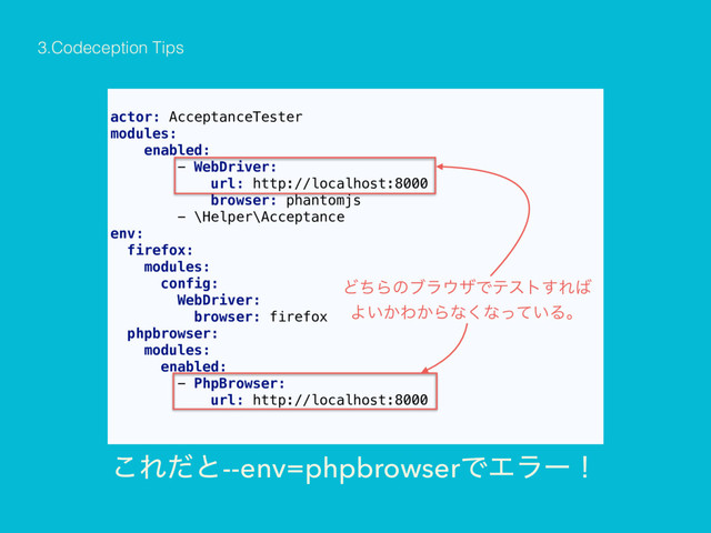 actor: AcceptanceTester
modules:
enabled:
- WebDriver:
url: http://localhost:8000
browser: phantomjs
- \Helper\Acceptance
env:
firefox:
modules:
config:
WebDriver:
browser: firefox
phpbrowser:
modules:
enabled:
- PhpBrowser:
url: http://localhost:8000
͜Εͩͱ--env=phpbrowserͰΤϥʔʂ
ͲͪΒͷϒϥ΢βͰςετ͢Ε͹ 
Α͍͔Θ͔Βͳ͘ͳ͍ͬͯΔɻ
3.Codeception Tips
