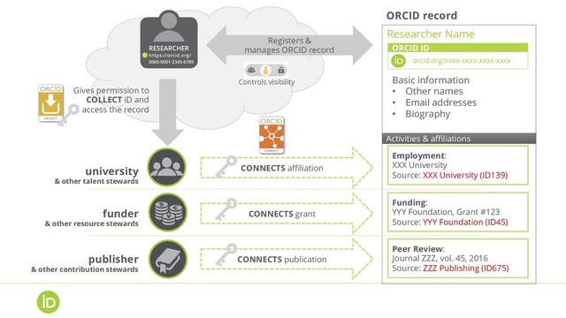 university
& other talent stewards
Gives permission to
COLLECT iD and
access the record
Registers &
manages ORCID record
Employment:
XXX University
Source: XXX University (ID139)
ORCID record
CONNECTS affiliation
funder
& other resource stewards
CONNECTS grant
Funding:
YYY Foundation, Grant #123
Source: YYY Foundation (ID45)
CONNECTS publication
Peer Review:
Journal ZZZ, vol. 45, 2016
Source: ZZZ Publishing (ID675)
publisher
& other contribution stewards
orcid.org/xxxx-xxxx-xxxx-xxxx
ORCID ID
Researcher Name
Basic information
•  Other names
•  Email addresses
•  Biography
Activities & affiliations
Controls visibility
