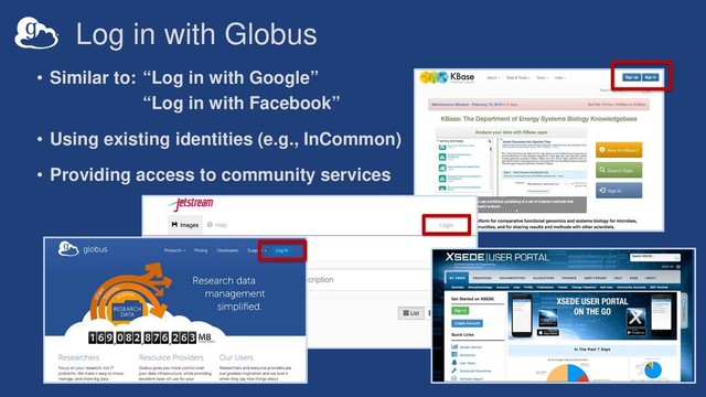 Log in with Globus
• Similar to: “Log in with Google”
“Log in with Facebook”
• Using existing identities (e.g., InCommon)
• Providing access to community services
