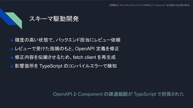 スキーマ駆動開発
【課題３】 フロントエンドエンジニアが先行して OpenAPI を定義する必要がある
■ 確度の高い状態で、バックエンド担当にレビュー依頼
■ レビューで受けた指摘のもと、OpenAPI 定義を修正
■ 修正内容を伝搬させるため、fetch client を再生成
■ 影響箇所を TypeScript のコンパイルエラーで検知
OpenAPI と Component の疎通齟齬が TypeScript で担保された
