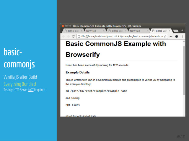 30 / 34
basic-
commonjs
Vanilla JS after Build
Everything Bundled
Testing: HTTP Server NOT Required
