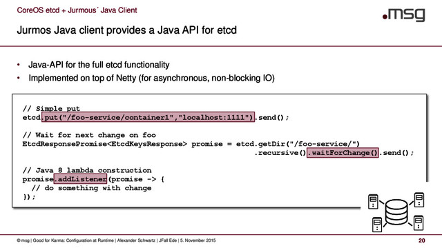 CoreOS etcd + Jurmous´ Java Client
Jurmos Java client provides a Java API for etcd
© msg | Good for Karma: Configuration at Runtime | Alexander Schwartz | JFall Ede | 5. November 2015 20
• Java-API for the full etcd functionality
• Implemented on top of Netty (for asynchronous, non-blocking IO)
// Simple put
etcd.put("/foo-service/container1","localhost:1111").send();
// Wait for next change on foo
EtcdResponsePromise promise = etcd.getDir("/foo-service/")
.recursive().waitForChange().send();
// Java 8 lambda construction
promise.addListener(promise -> {
// do something with change
});
