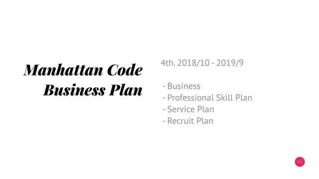 1 1
Manhattan Code
Business Plan
4th. 2018/10 - 2019/9
- Business
- Professional Skill Plan
- Service Plan
- Recruit Plan
