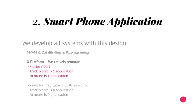 5
2. Smart Phone Application
MVVM & DataBinding & Rx programing
X-Platform … We actively promote
- Flutter / Dart
Track record is 1 application
In house is 1 application
- React Native / typescript & javascript
Track record is 0 application
In house is 0 application
We develop all systems with this design
