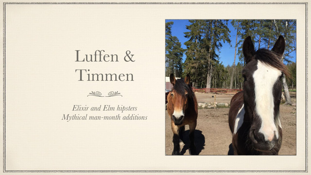 Luffen &
Timmen
Elixir and Elm hipsters
Mythical man-month additions
