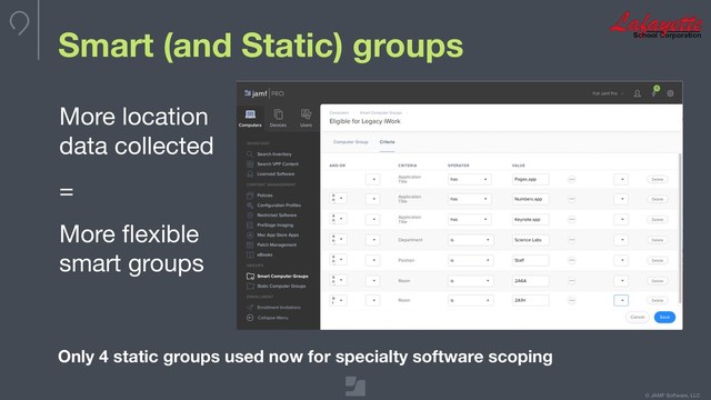 © JAMF Software, LLC
Smart (and Static) groups
More location
data collected 

=

More ﬂexible
smart groups
Only 4 static groups used now for specialty software scoping
